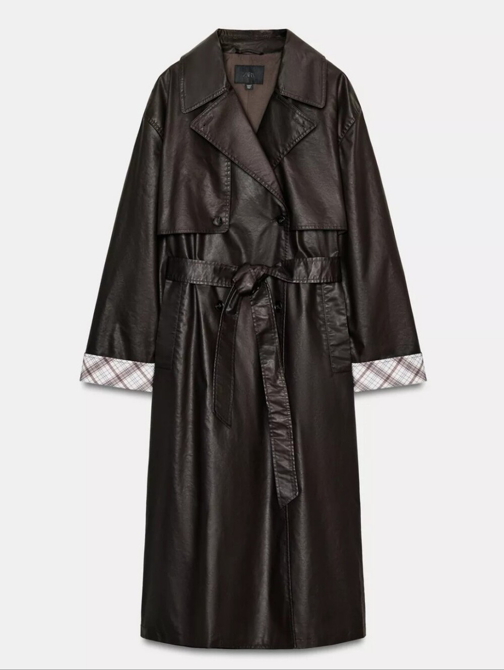 ZARA LONG WAXED PLAID TRENCH COAT
